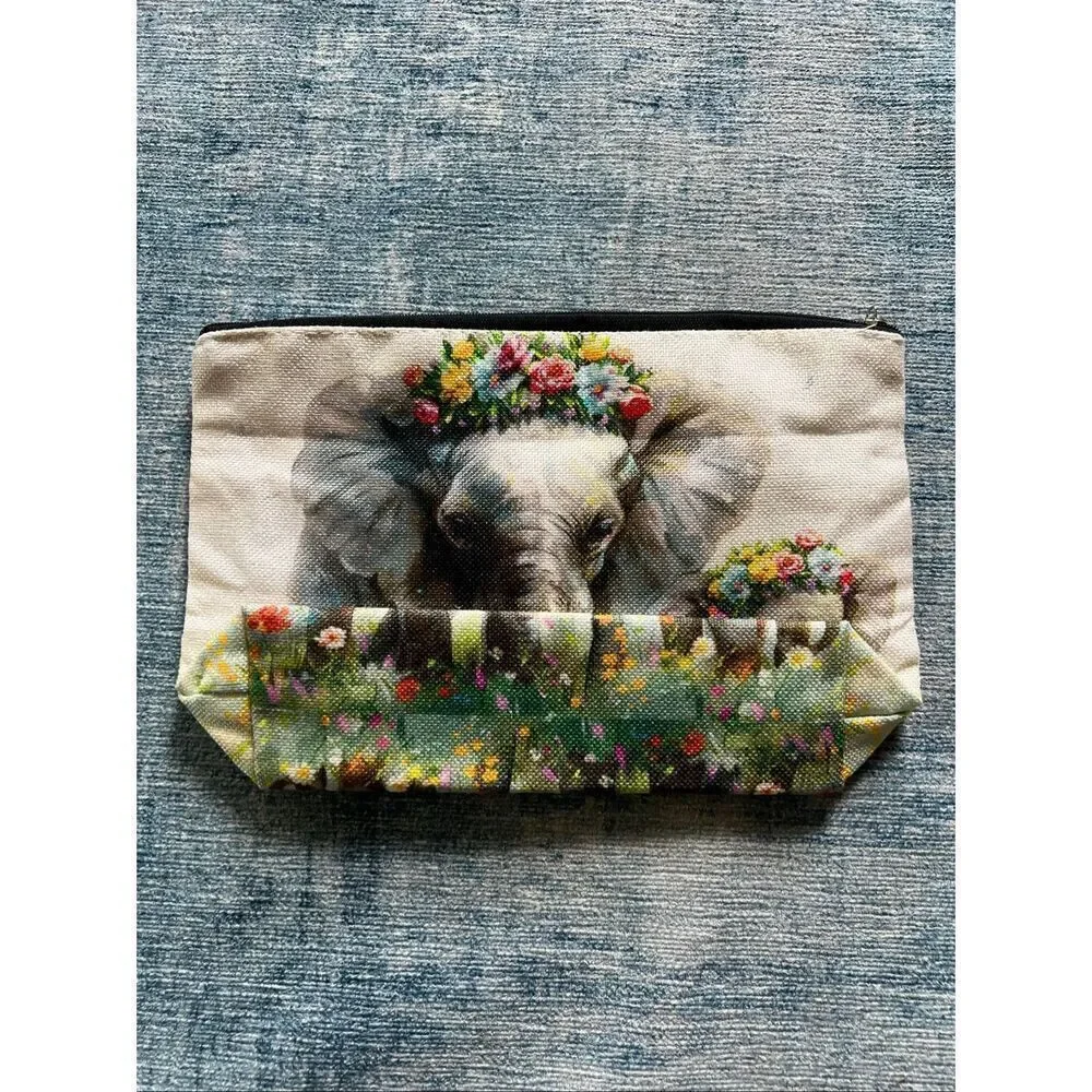 Elephant Mom Baby Floral Cotton Canvas Small Makeup Bag Travel Toiletry Pouch